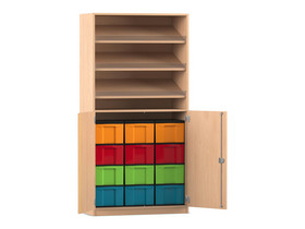 Flexeo® Schrank, 3 Schrägablagen, 12 große Boxen, 2 Halbtüren