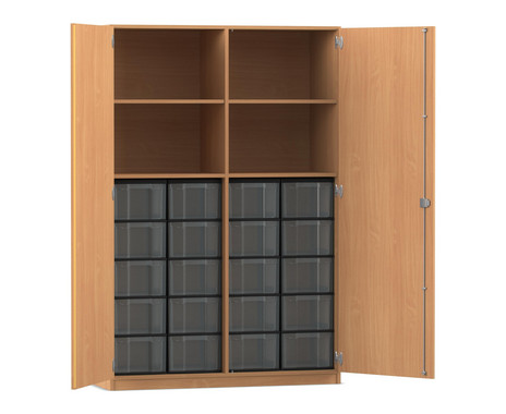 Flexeo® Schrank, 20 große Boxen, 4 Fächer, Mittelwand, 2 Türen