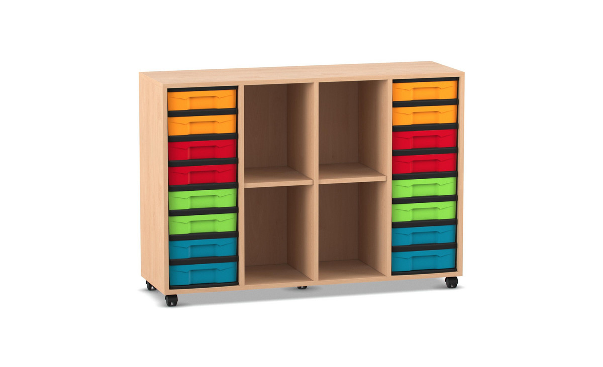 Flexeo® Regal, 4 Reihen, 4 Fächer, 16 kleine Boxen