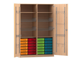 Flexeo® Sportschrank, Gerätehaken, 4 Gitterkörbe, 24 kleine Boxen