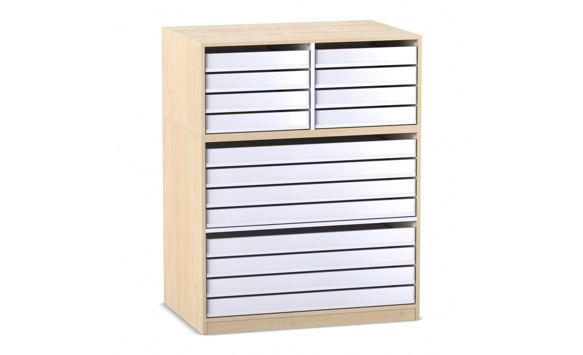 Flexeo® Papier- und Bilderschrank, 8 große Auszüge, 8 kleine Auszüge oben