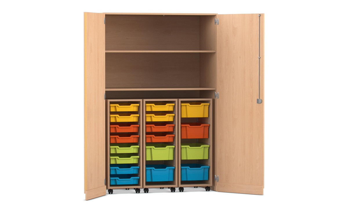 Flexeo® Garagenschrank PRO, 3 Rollcontainer, 18 Boxen Gr. S und M, 2 Fächer