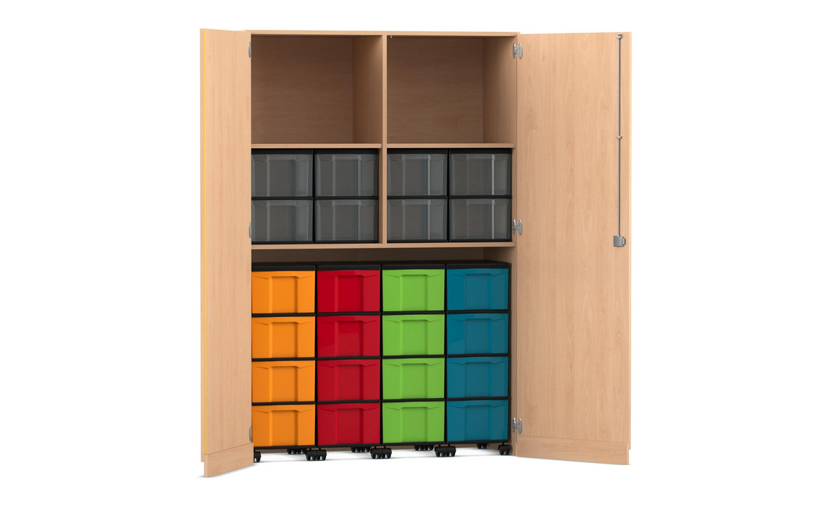 Flexeo® Garagenschrank, 2 Fächer, 4 Rollcontainer, 24 große Boxen