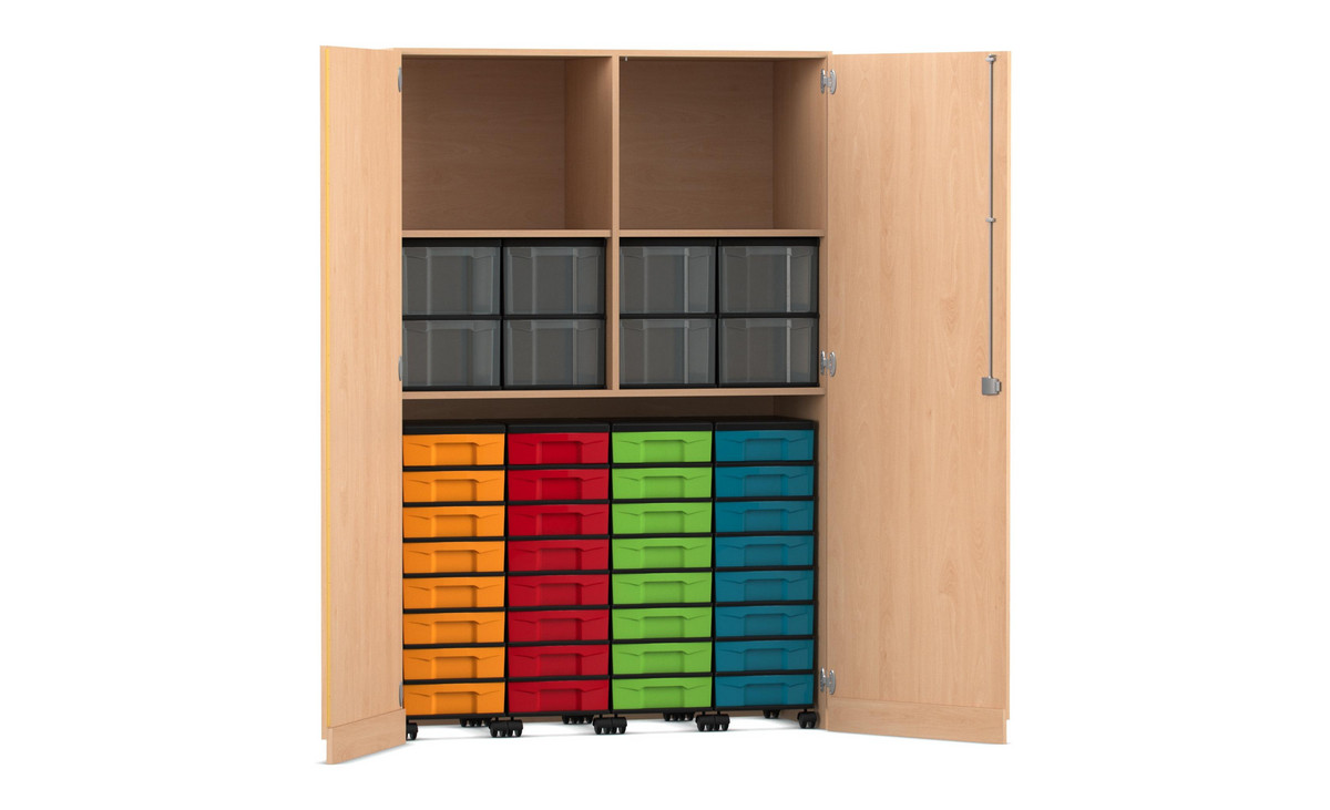 Flexeo® Garagenschrank, 2 Fächer, 4 Rollcontainer, 32 kleine und 8 große Boxen