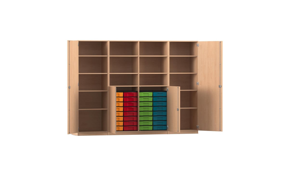 Flexeo® Systemschrankwand, 32 kleine Boxen, 16 Fächer, 4 Türen