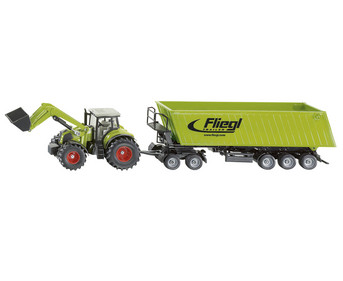 Siku Claas Traktor mit Frontlader Dolly und Fliegl Muldenkipper