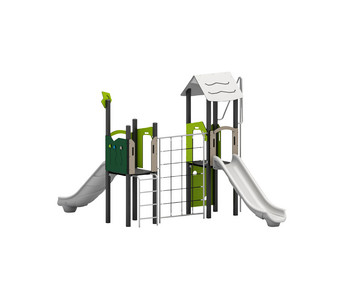 Spielturm mit Kletternetz und Rutschen