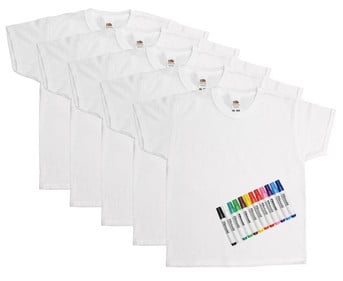 Fruit of the Loom 5 Kinder T Shirts zum Bemalen mit 12 Stoffmalstiften