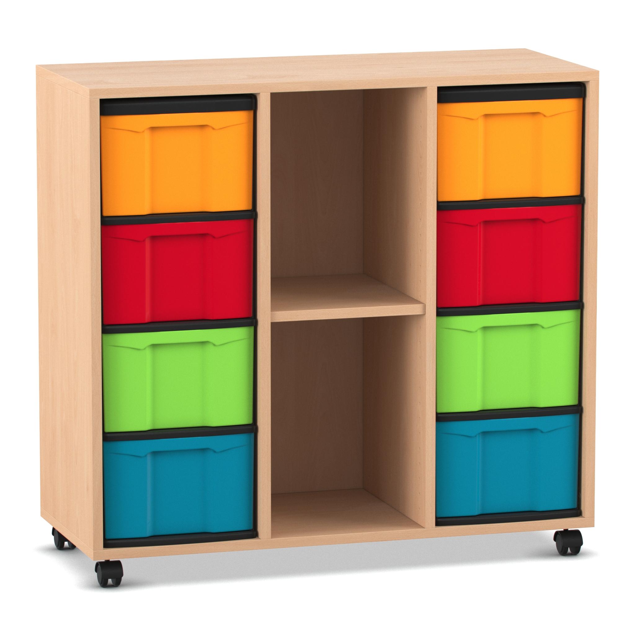 Flexeo® Regal mit 3 Reihen, 2 Fächern und 8 großen Boxen Flexeo Regal mit 2 Reihen, 3 Fächern und 8 kleinen Boxen